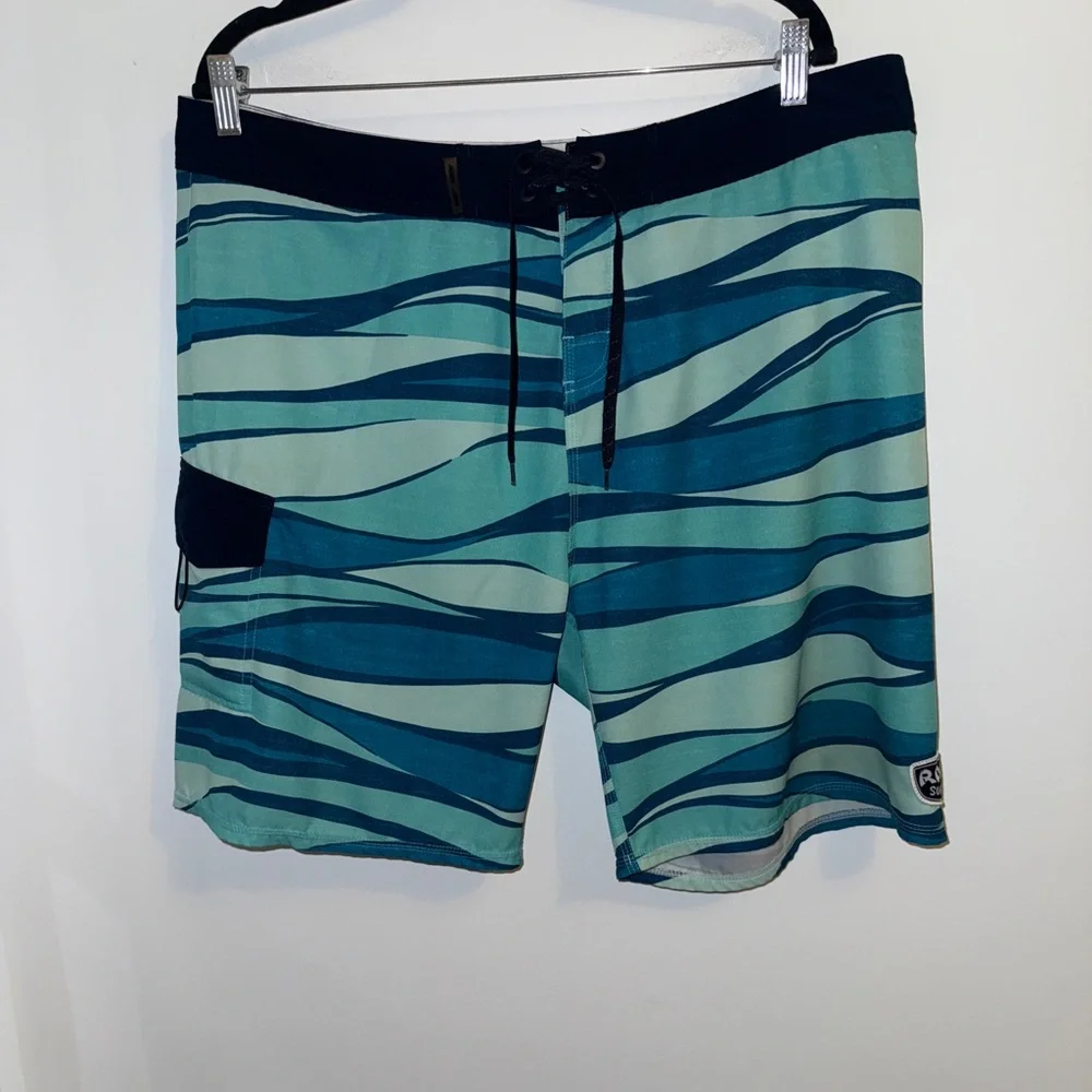 Ron Jon Surf Shop Men’s Board Shorts Swim Trunks Blue Teal Wave Print Sz 38